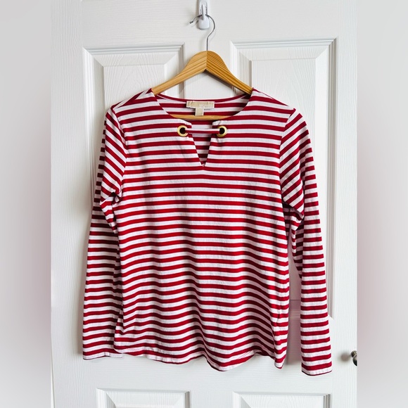 Women’s Michael Kors Striped Red/Pink and White Long Sleeve Shirt Top Sz M - Picture 1 of 7